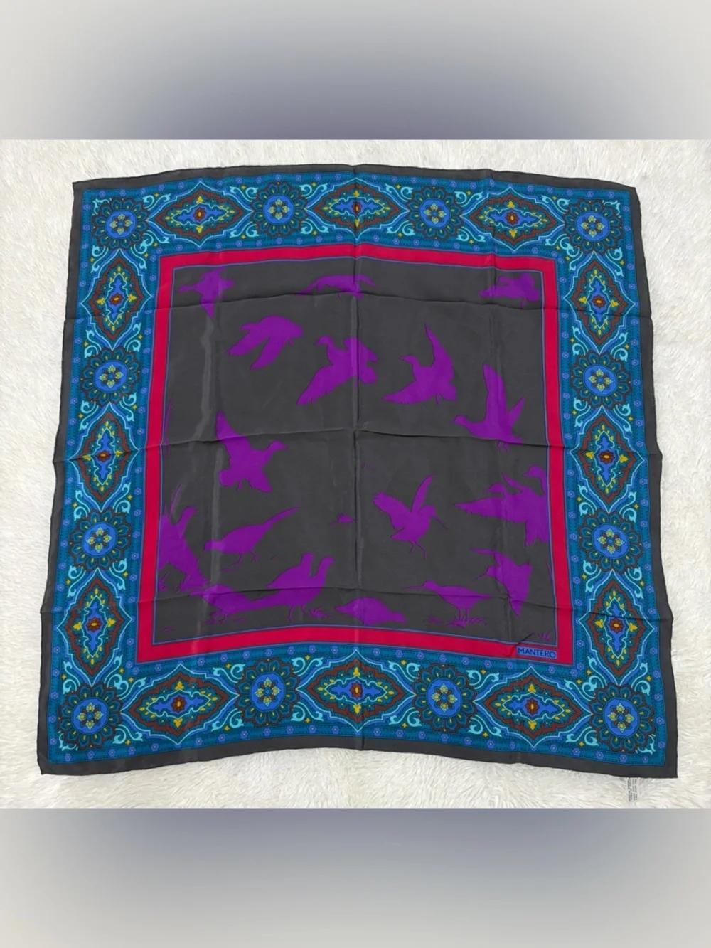 Mantero Multicolor Silk-Feel Square Scarf — Teal, Purple & Red Accents